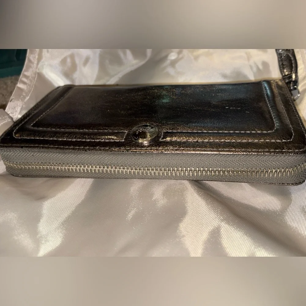 Coach Metallic Pewter Leather Zip Wallet